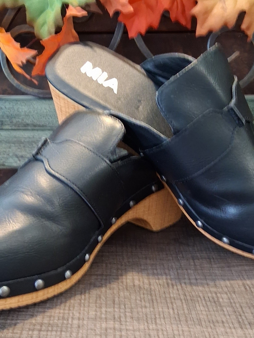 MIA "Daisy" Black Leather Slip-On Clog with Studded Welt